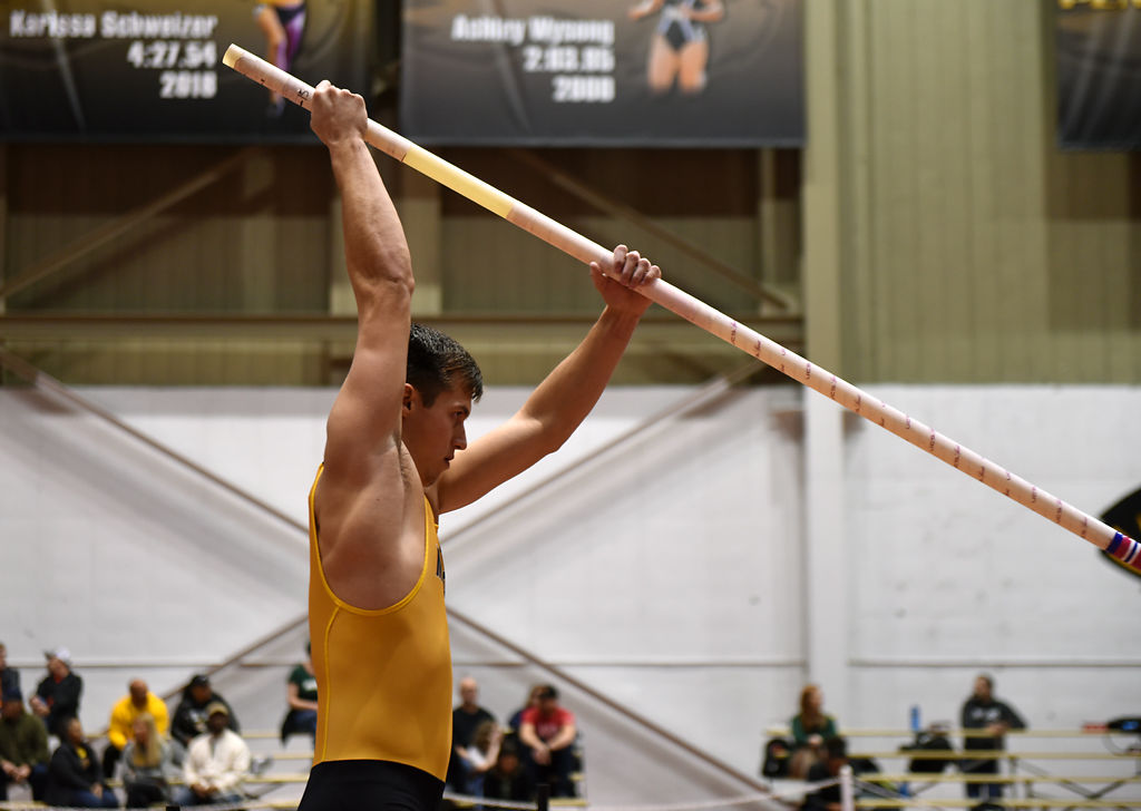 Jason Edwards prepares to pole vault Friday, Dec. 6, 2019 at Hearnes Field-house